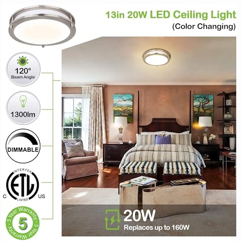 hykolity 13 inch Flush Mount LED Ceiling Light Fixture, 2700K/3000K/3500K/4000K/5000K Adjustable Ceiling Lights, Brushed Nickel Saturn Dimmable Lighting for Bathroom Kitchen or Stairwell, ETL Listed - 2 Pack - Image 2