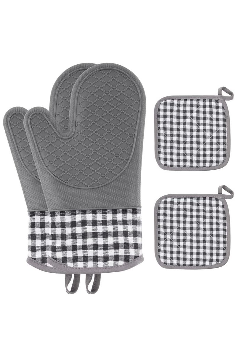 Oven Mitts and Pot Holders 4pcs Set, Kitchen Oven Gloves, Heat-Resistant Baking Gloves, Non Slip Silicone Gloves for Cooking and Barbecue (Gray) - Image 1
