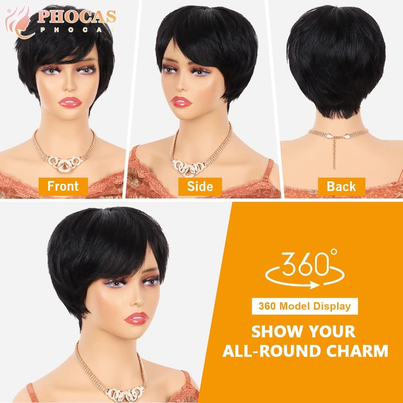 PHOCAS Short Cut Wigs Human Hair Short Pixie Wigs With Bangs Pixie Cut Wig (Short Straight-Natural Black) - Image 5