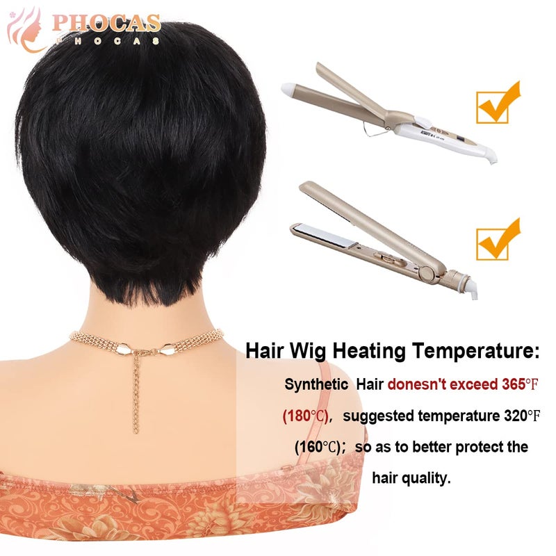 PHOCAS Short Cut Wigs Human Hair Short Pixie Wigs With Bangs Pixie Cut Wig (Short Straight-Natural Black) - Image 3