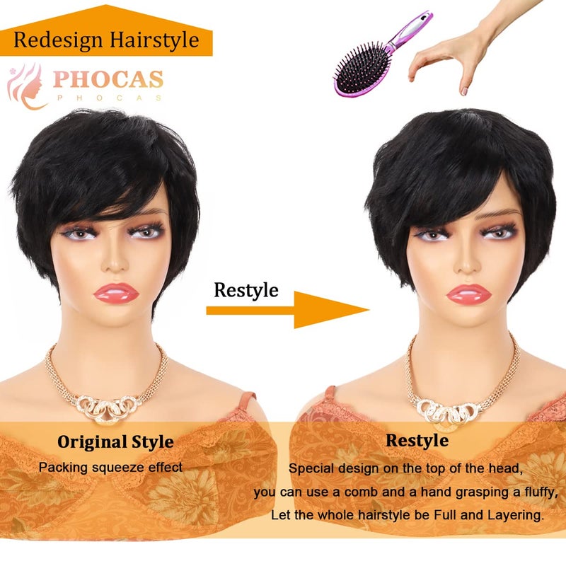 PHOCAS Short Cut Wigs Human Hair Short Pixie Wigs With Bangs Pixie Cut Wig (Short Straight-Natural Black) - Image 4
