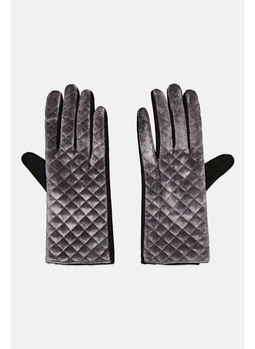 Women 1 Pair Velvet Quilted Gloves, Gray