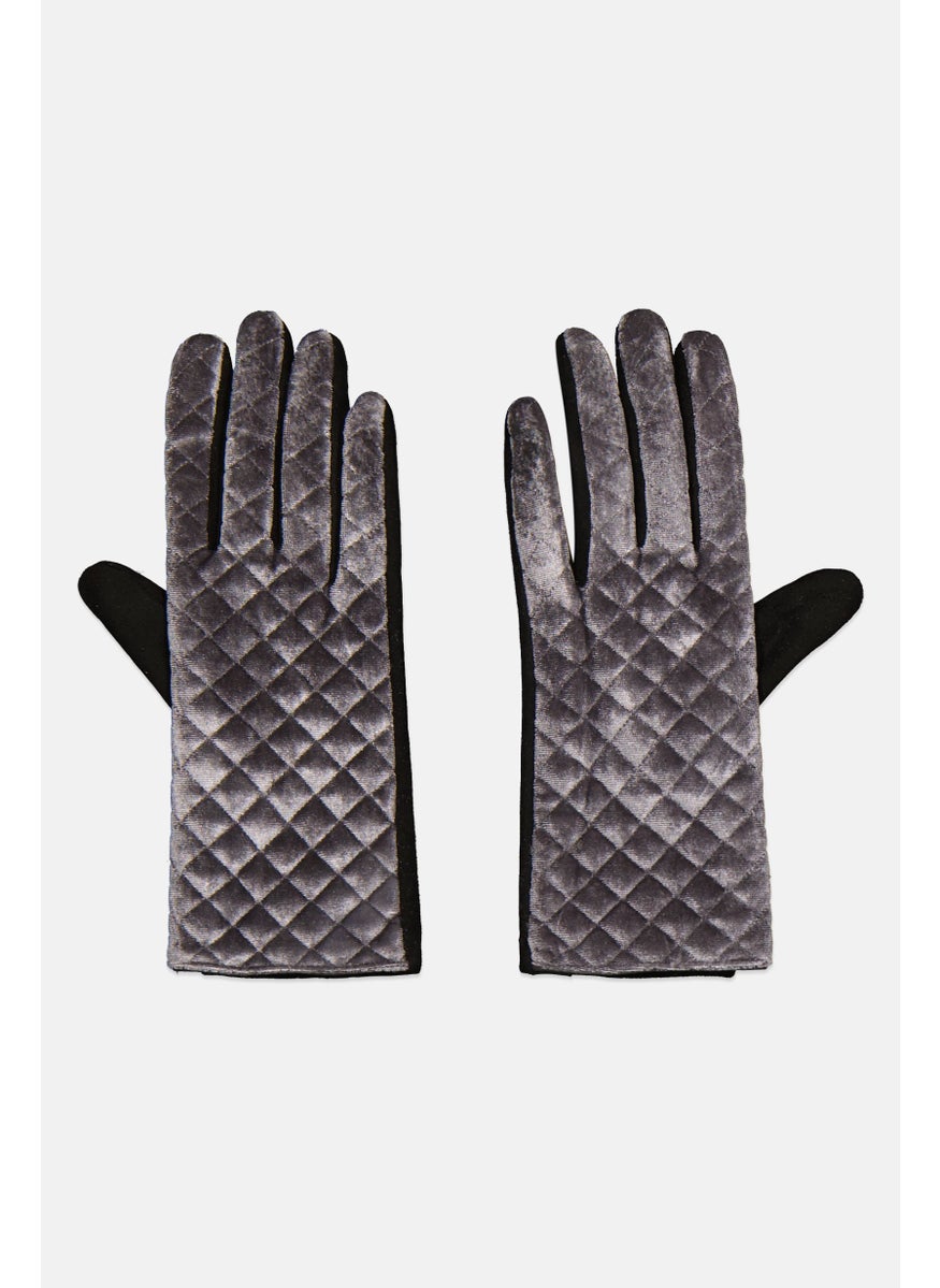 Women 1 Pair Velvet Quilted Gloves, Gray
