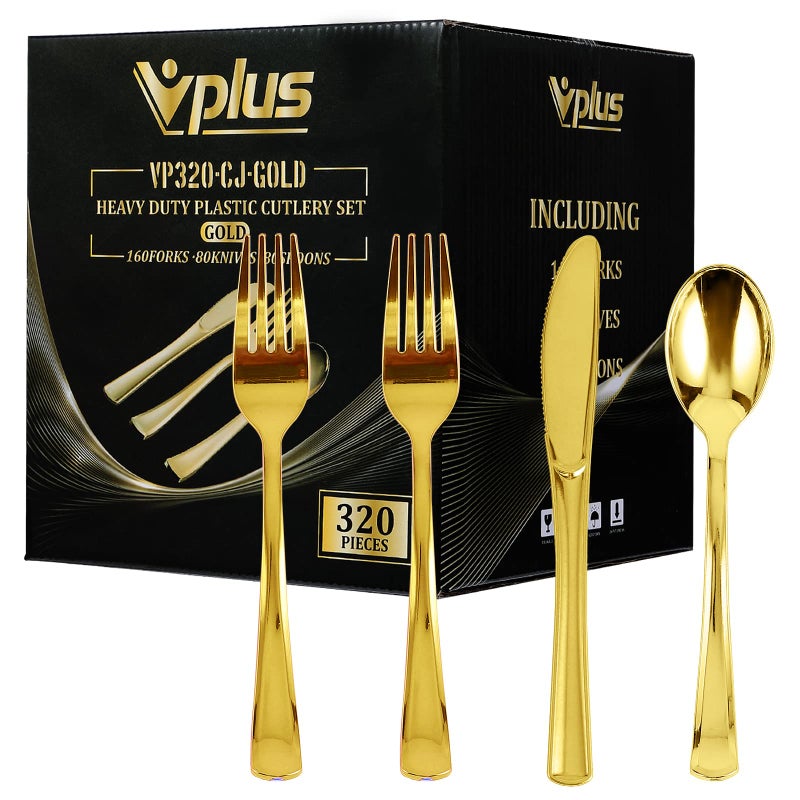 Vplus Vplus 320 Gold Plastic Silverware Set Plastic Cutlery Set Disposable Flatware 160 Forks 80 Spoons 80 Cutlery Knives Heavy Duty Silverware for Party 