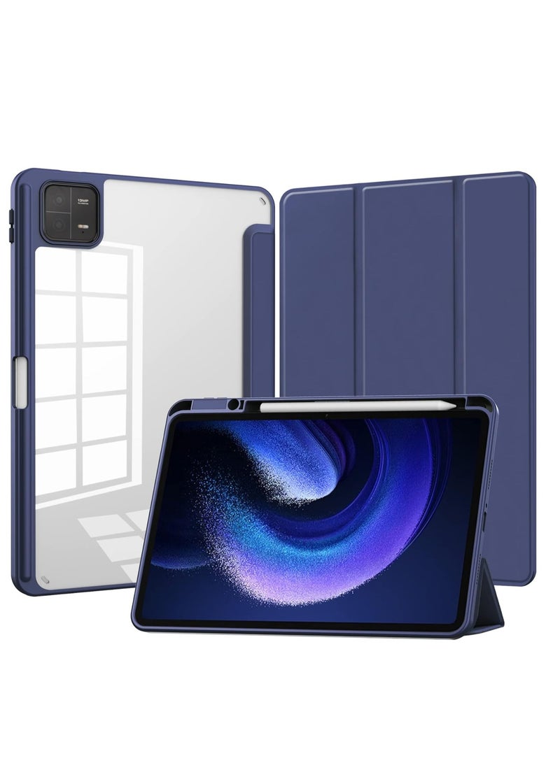 إيفو جراب متوافق مع شاومي باد 7/7 برو 11.2 انش 2024، غطاء رفيع ثلاثي الطيات للحماية من السقوط مع ظهر صلب شفاف وحامل قلم غطاء ذكي مع خاصية التنبيه/السكون التلقائي، ازرق - Image 1