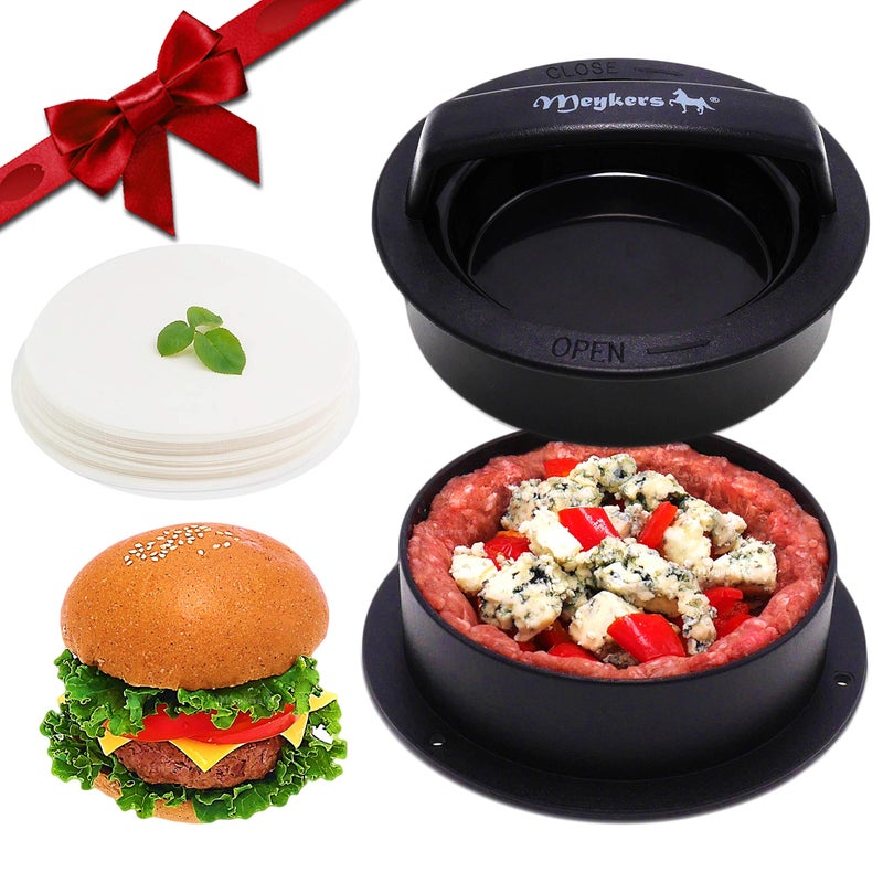 Meykers Burger Press  3in1 Hamburger Patty Maker with NonStick Mold and 100 Wax Papers for Stuffed Cheeseburger Slider