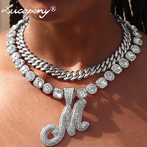 Lucopsny 2pcs Cuban Link Chain for Women Cursive Silver Initial Necklace Cuban Link Necklace for Women Hip Hop Iced Out Chain Necklace Bling Diamond 14mm Cuban Chain Letter Name Hip Hop Jewelry Gift - Image 3