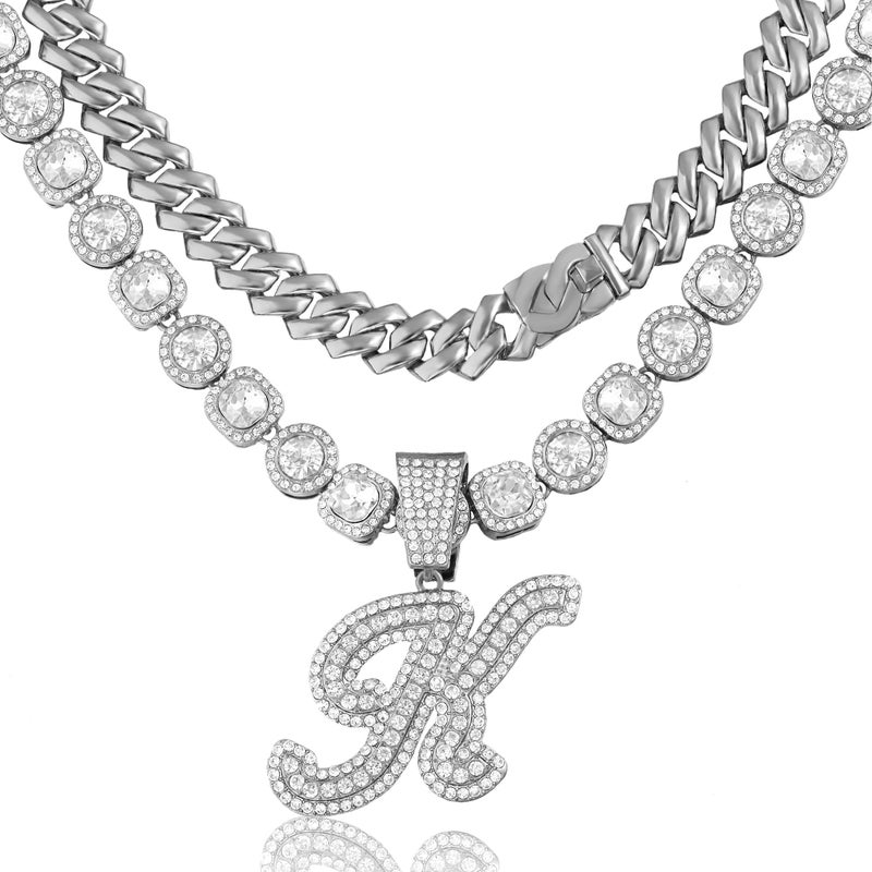 Lucopsny 2pcs Cuban Link Chain for Women Cursive Silver Initial Necklace Cuban Link Necklace for Women Hip Hop Iced Out Chain Necklace Bling Diamond 14mm Cuban Chain Letter Name Hip Hop Jewelry Gift - Image 2