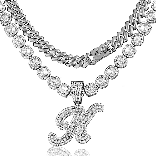 Lucopsny 2pcs Cuban Link Chain for Women Cursive Silver Initial Necklace Cuban Link Necklace for Women Hip Hop Iced Out Chain Necklace Bling Diamond 14mm Cuban Chain Letter Name Hip Hop Jewelry Gift - Image 1