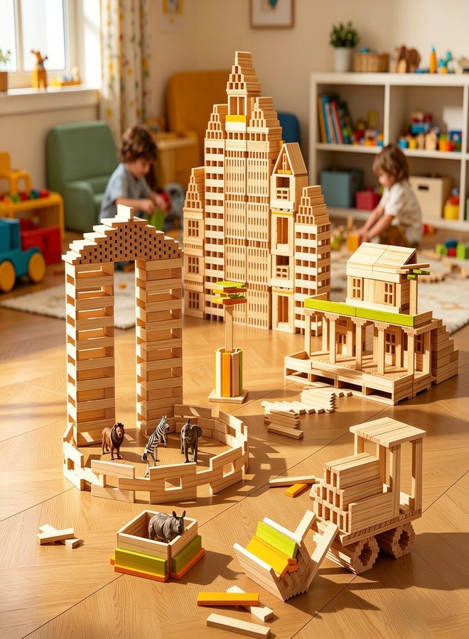 penepico Premium 300 Pcs Rainbow Wooden Building Planks Kit, Open-Ended Creative Building Blocks Set for Kids Ages 3-12,Colorful Pine STEM Construction Toys - Educational Sorting & Patterning Gift (4.65 in) - Image 3