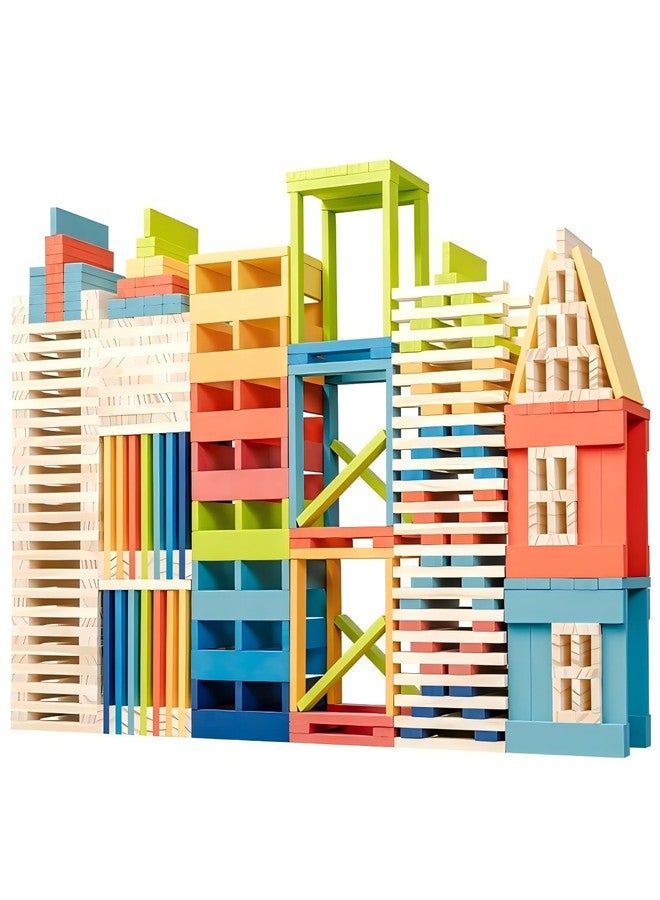 penepico Premium 300 Pcs Rainbow Wooden Building Planks Kit, Open-Ended Creative Building Blocks Set for Kids Ages 3-12,Colorful Pine STEM Construction Toys - Educational Sorting & Patterning Gift (4.65 in) - Image 1