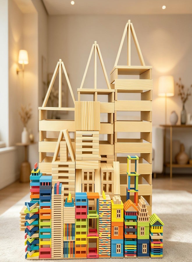 penepico Premium 300 Pcs Rainbow Wooden Building Planks Kit, Open-Ended Creative Building Blocks Set for Kids Ages 3-12,Colorful Pine STEM Construction Toys - Educational Sorting & Patterning Gift (4.65 in) - Image 2