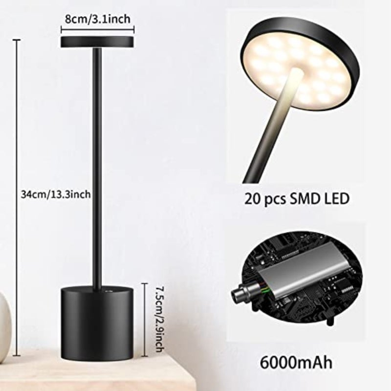 Cordless Table Lamps Rechargeable, 6000mAh Portable Battery Operated LED Desk Lamps, 3-Levels Stepless Dimmable Battery Powered Table Light for Restaurant/Bedroom/Home/Outdoor Black - Image 2