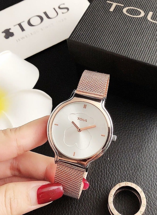 TOUS Ladies Minimalist Bear Motif Watch with Rose Gold Milanese Mesh Band