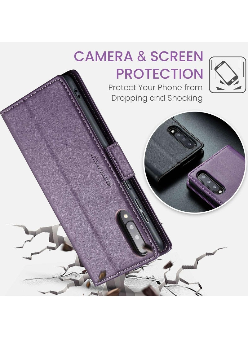 CaseMe Phone Case Luxury PU Leather Design Anti Fingerprint 023 Flip Cover Card Slot Holder Cover For Samsung Galaxy A70 (Purple) - Image 2