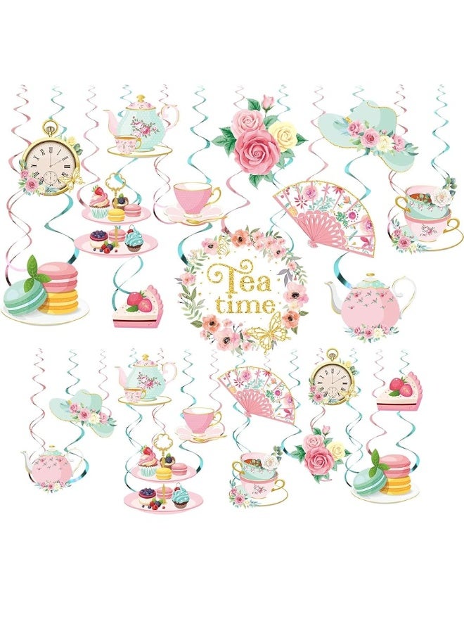 Faccito 53 قطعة زينة حفلة الشاي زهور زينة وقت الشاي دوامات زينة الربيع إبريق الشاي العتيق حفلة دوامات معلقة زينة حفلة السقف لحفلة الشاي حفلة استقبال المولود حفلة عيد ميلاد الأميرة هدايا الزفاف - Image 1