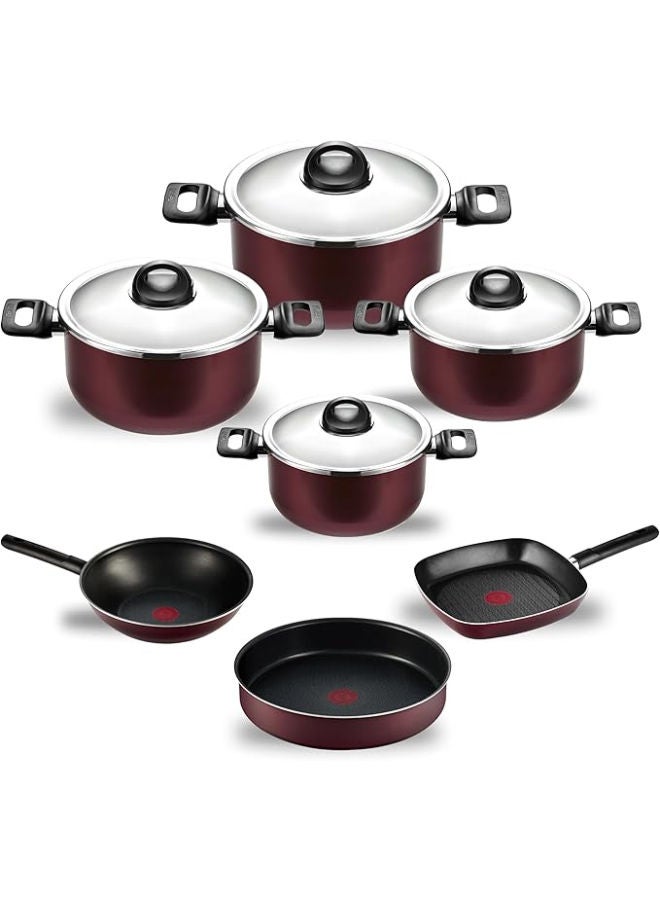 تيفال Cook Natural Cooking Set Stewpots 18,20,24,28 + Square Grill 26 + Wokpan 28 + Round Oven Tray 26 + Rectangle Oven Tray 35 -Multicolour Burgundy/Silver/Black - Image 1