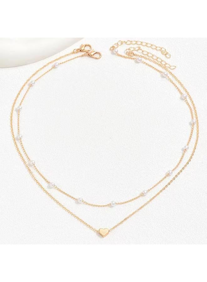 European And American Double-layer Stacked Pearl Love Necklace Niche Design Sense Peach Heart Clavicle Chain Necklace 