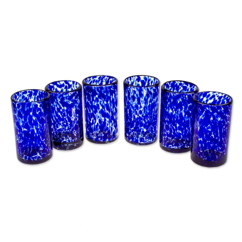 NOVICA Hand Blown Blue Confetti Recycled 5 Oz 199284 Marine Juice Glass Set of 6 6 Count Pack of 1