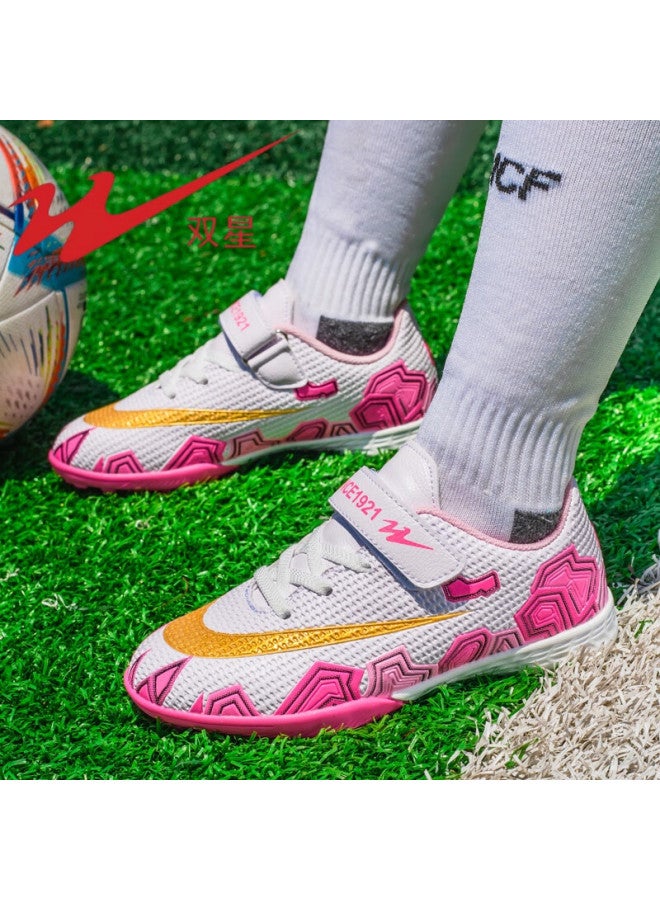 Shuangxing Children's Soccer Shoes Tf Turf Studs Summer Student Youth Lightweight Non-slip Wear-resistant Sneakers White Pink Size 39