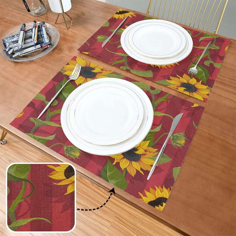 senya Red Sunflower Yellow Placemats Set of 6 Washable NonSlip Burlap Table Mats Heat Resistant Place Mats for Home Kitchen Dining Party 12 X 18 in - Image 2