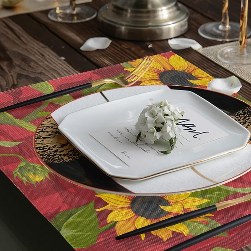 senya Red Sunflower Yellow Placemats Set of 6 Washable NonSlip Burlap Table Mats Heat Resistant Place Mats for Home Kitchen Dining Party 12 X 18 in - Image 4