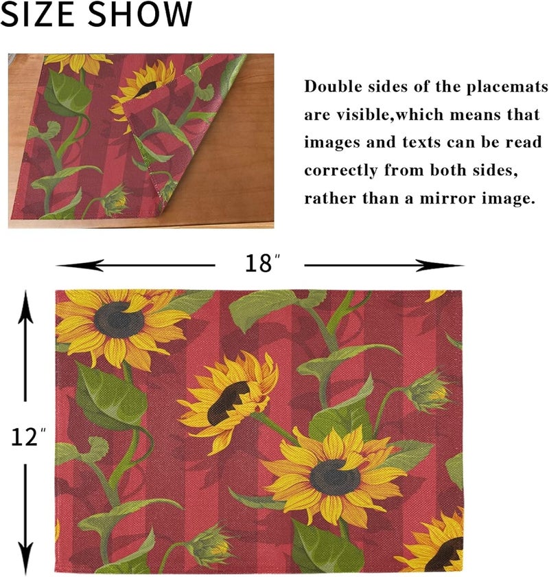 senya Red Sunflower Yellow Placemats Set of 6 Washable NonSlip Burlap Table Mats Heat Resistant Place Mats for Home Kitchen Dining Party 12 X 18 in - Image 5