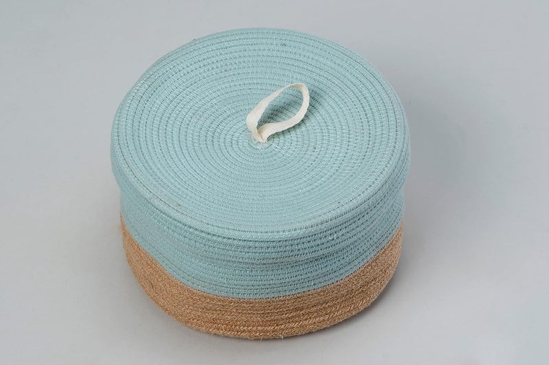 BOBBINY MultiPurpose Cute Jute Basket with Lid Storage Baskets for Bathroom Living Room Kitchen Organiser Box Vanity Box First Aid Box 8 X 3 Inch Pack of 1 Light Blue - Image 3
