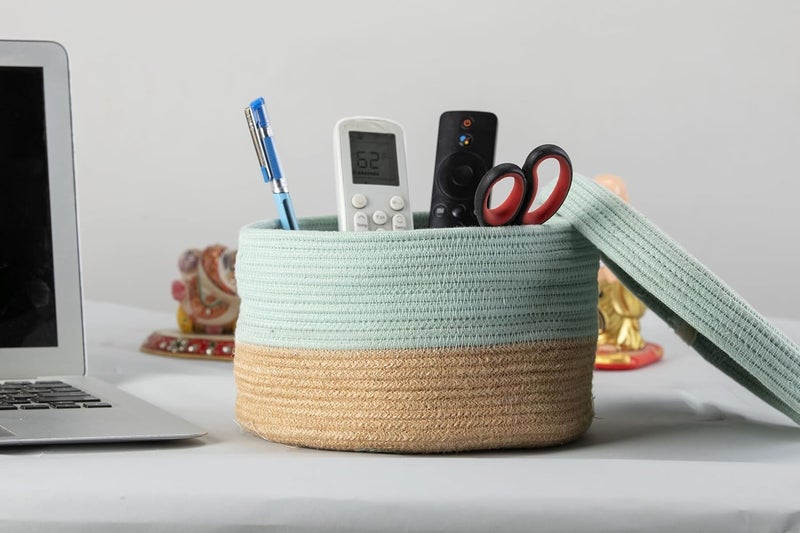BOBBINY MultiPurpose Cute Jute Basket with Lid Storage Baskets for Bathroom Living Room Kitchen Organiser Box Vanity Box First Aid Box 8 X 3 Inch Pack of 1 Light Blue - Image 1