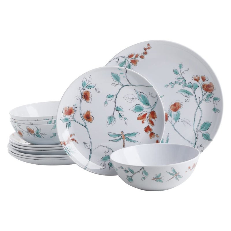 Martha stewart Martha Stewart Dragonfly Decorated Melamine Dinnerware Set  White Service for 4 12pcs 