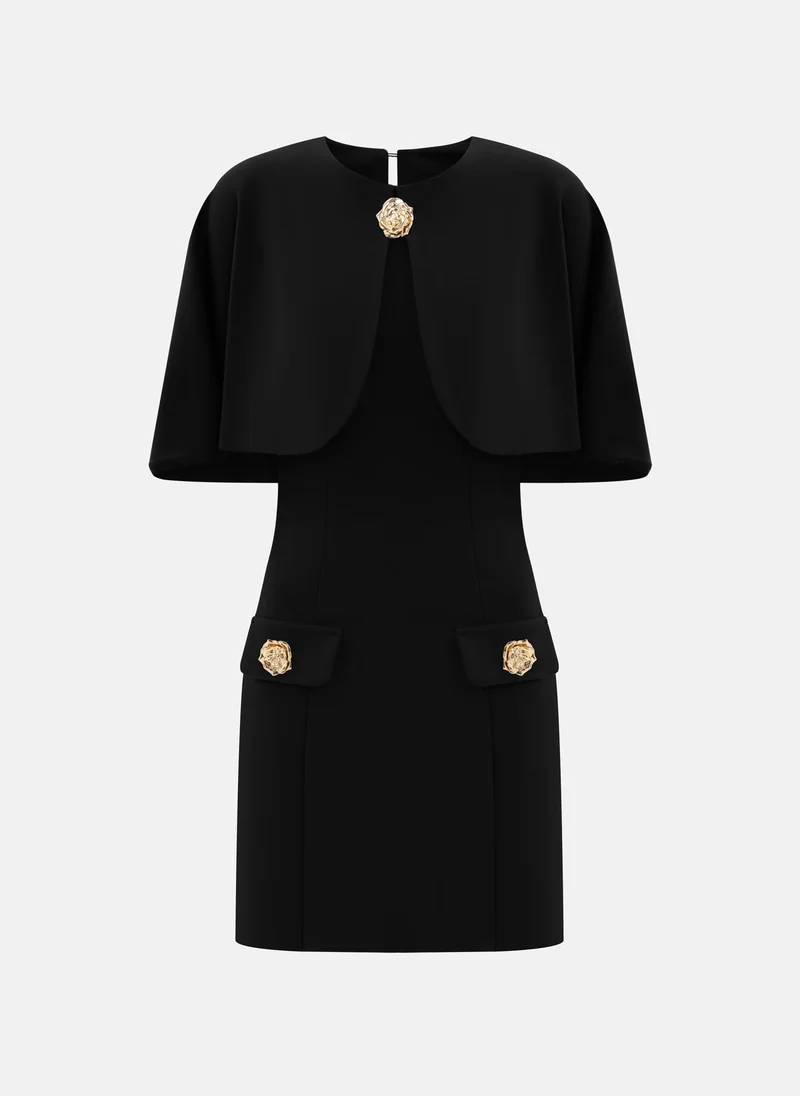 ليتشي فستان قصير مع عباءة على الكتف وأزرار زهور