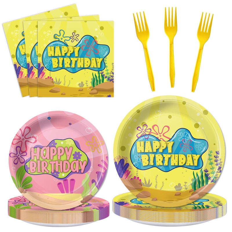 Cogniplay Yellow Cartoon Birthday Party Tableware Set â€“ Ocean Theme Plates, Napkins, Forks, Disposable Party Decorations for Kids Birthday, Sea Underwater Theme Supplies for 24 Guests - Image 1