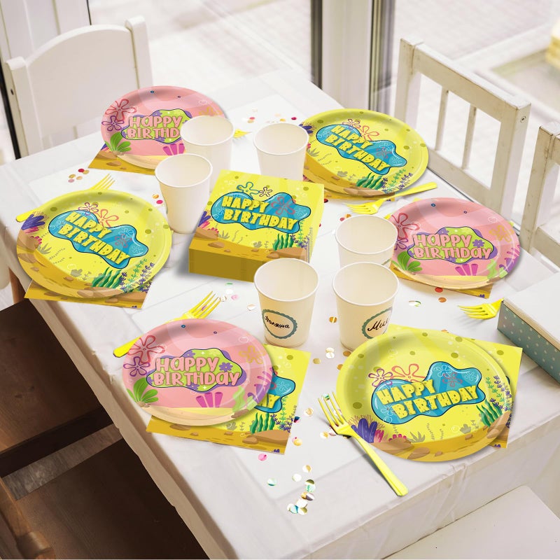 Cogniplay Yellow Cartoon Birthday Party Tableware Set â€“ Ocean Theme Plates, Napkins, Forks, Disposable Party Decorations for Kids Birthday, Sea Underwater Theme Supplies for 24 Guests - Image 2