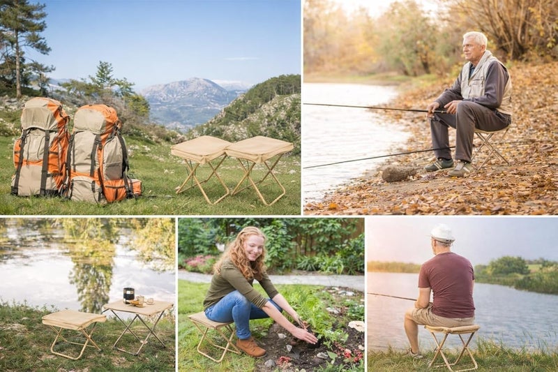 Portable Folding Camping Stool with Carry Bag | Lightweight Mini Outdoor Chair for Hunting, Fishing & Hiking | Compact Heavy-Duty Travel Seat for Picnic, Trekking & Garden (Beige) - Image 3