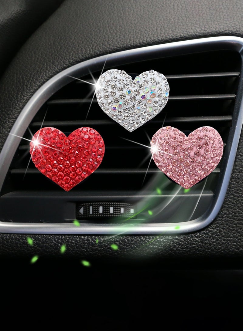3Pcs bling heart shaped air vent clips, crystal car air freshener vent clips charms rhinestone diffuser vent clip heart car interior decoration cute car decor bling car perfume,red pink sliver - Image 2