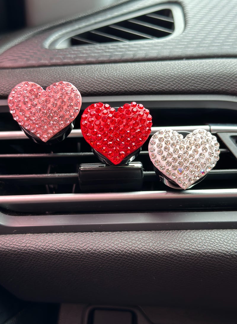 3Pcs bling heart shaped air vent clips, crystal car air freshener vent clips charms rhinestone diffuser vent clip heart car interior decoration cute car decor bling car perfume,red pink sliver - Image 1
