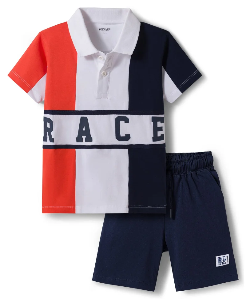 Primo Gino Primo Gino 100% Cotton Color Block HD Printed Half Sleeves Polo T-Shirt & Cargo Shorts Set - Multi Color