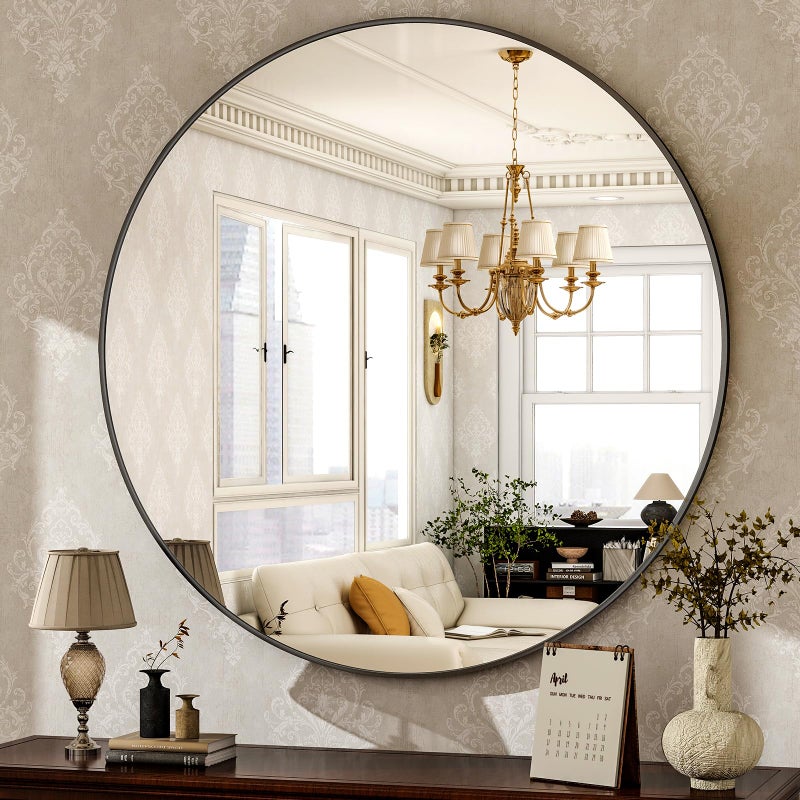 HARRITPURE Round Mirror 30 Black Wall Mounted Circle Mirrors Vanity Mirror with Brushed Aluminum Alloy Frame Modern Decoration for Bathroom Living Room Vanity Bedroom Entryway