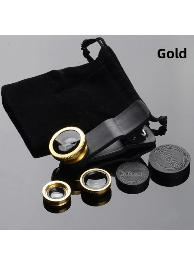 Generic SLR Grade Lens External Wide-angle Macro Fisheye Three-in-one Suit Lens Tremolo Selfie Camera-Body Color:Tuhao Golden Fisheye Wide Angle Macro Lens Distribution Flannel Bag Clip  - Image 1