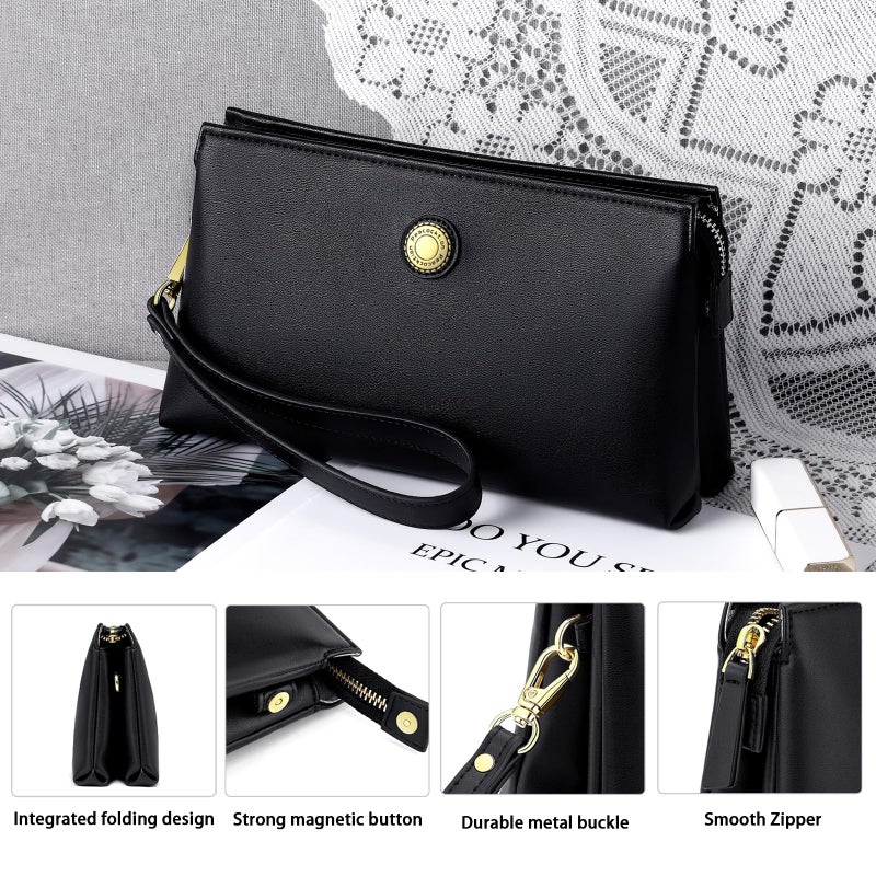 Peacocktion Wristlet Clutch Purses for Women, Leather RFID Wristlet Wallets for Women with Zipper, Travel Purse Black - Image 3