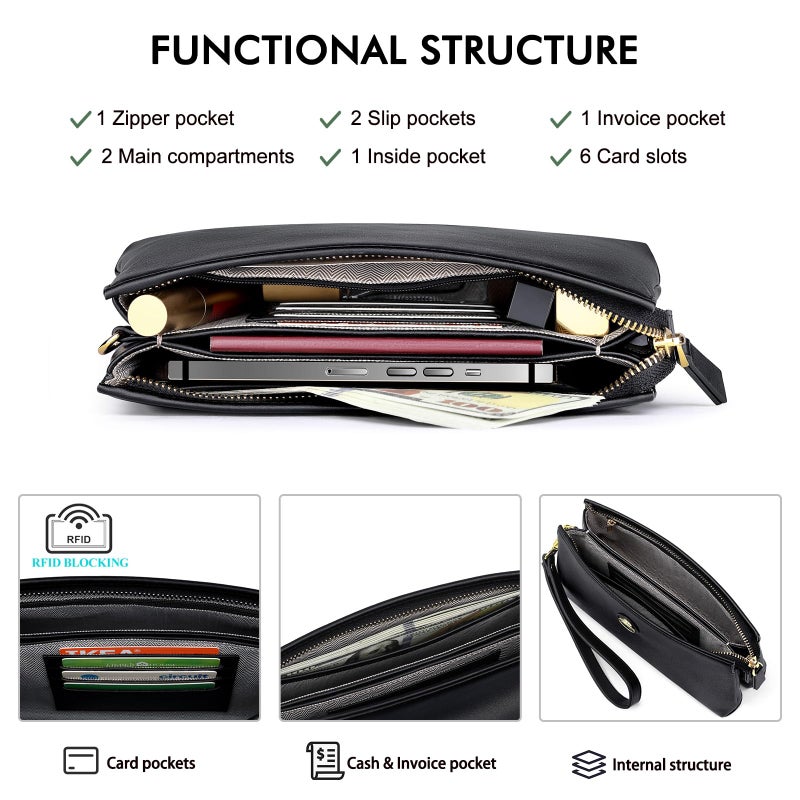 Peacocktion Wristlet Clutch Purses for Women, Leather RFID Wristlet Wallets for Women with Zipper, Travel Purse Black - Image 2