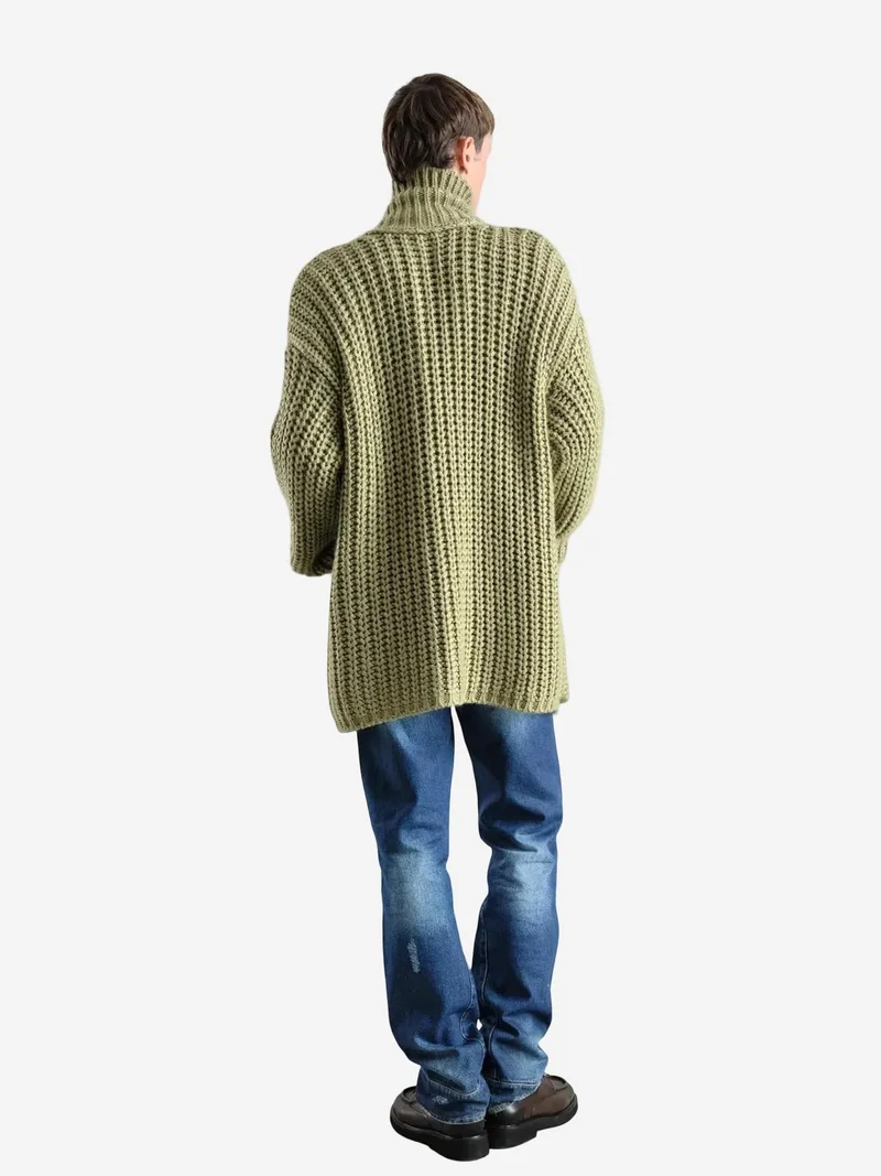 Giesto Green GIESTO Oversized Ribbed Knitwear Cardigan with Half Turtleneck for Men | Best Price UAE