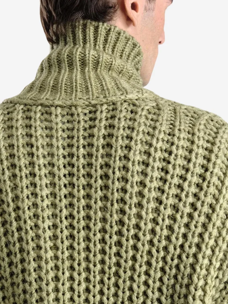Giesto Green GIESTO Oversized Ribbed Knitwear Cardigan with Half Turtleneck for Men | Best Price UAE
