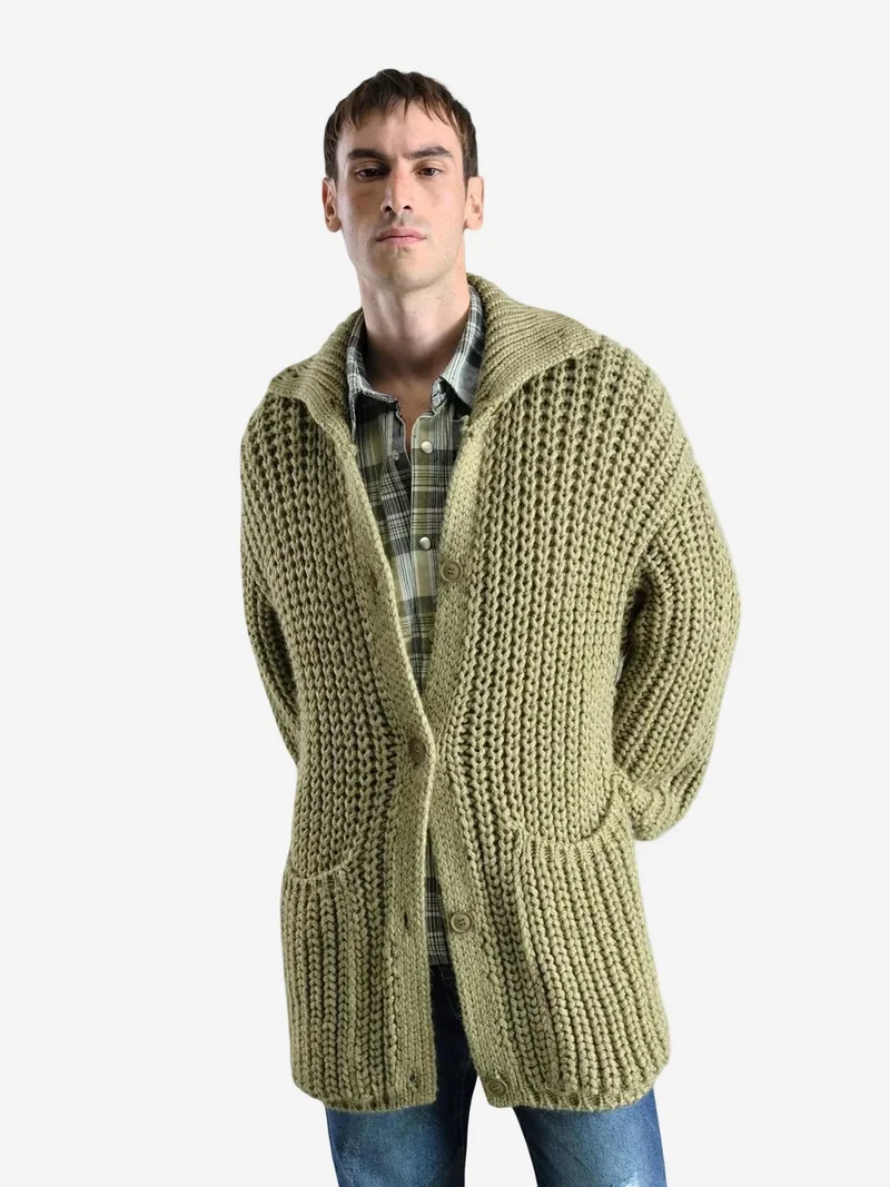 Giesto Green GIESTO Oversized Ribbed Knitwear Cardigan with Half Turtleneck for Men | Best Price UAE