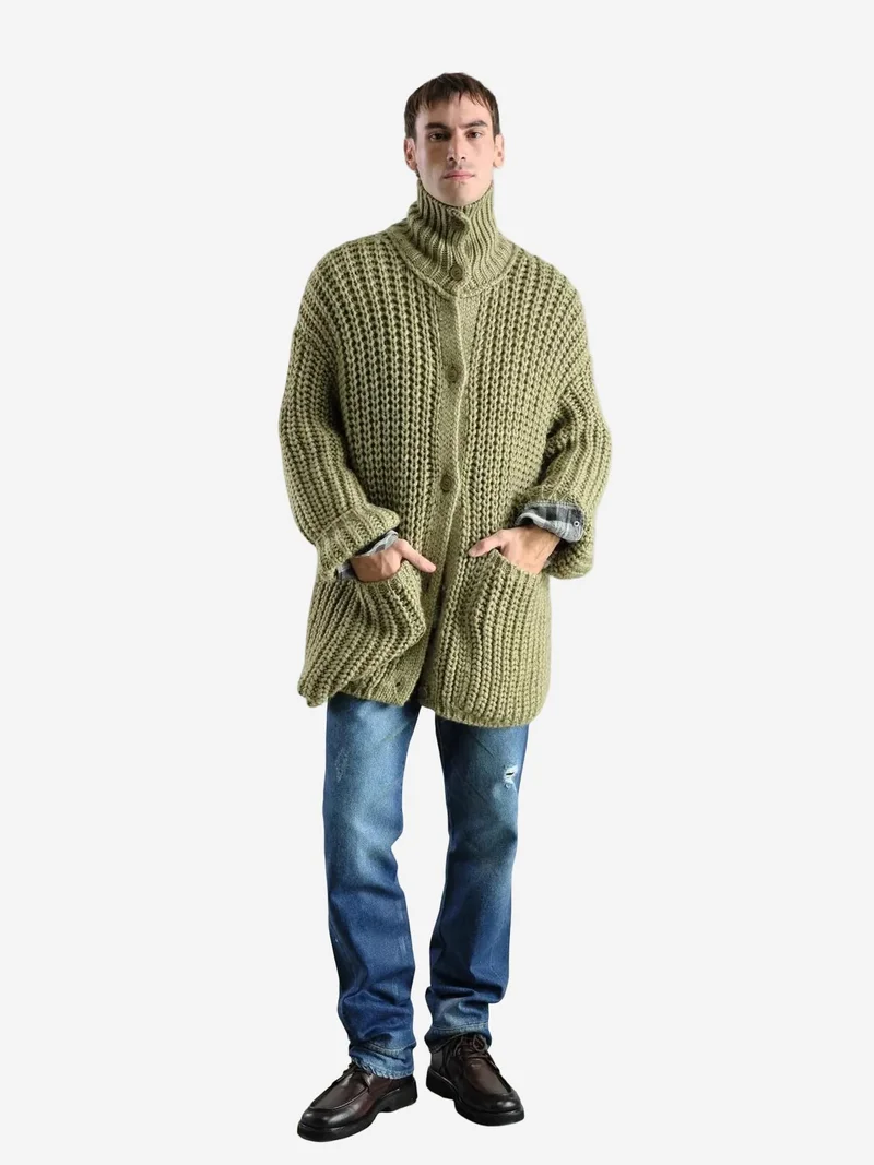 جيستو GIESTO Oversized Ribbed Knitwear Cardigan with Half Turtleneck