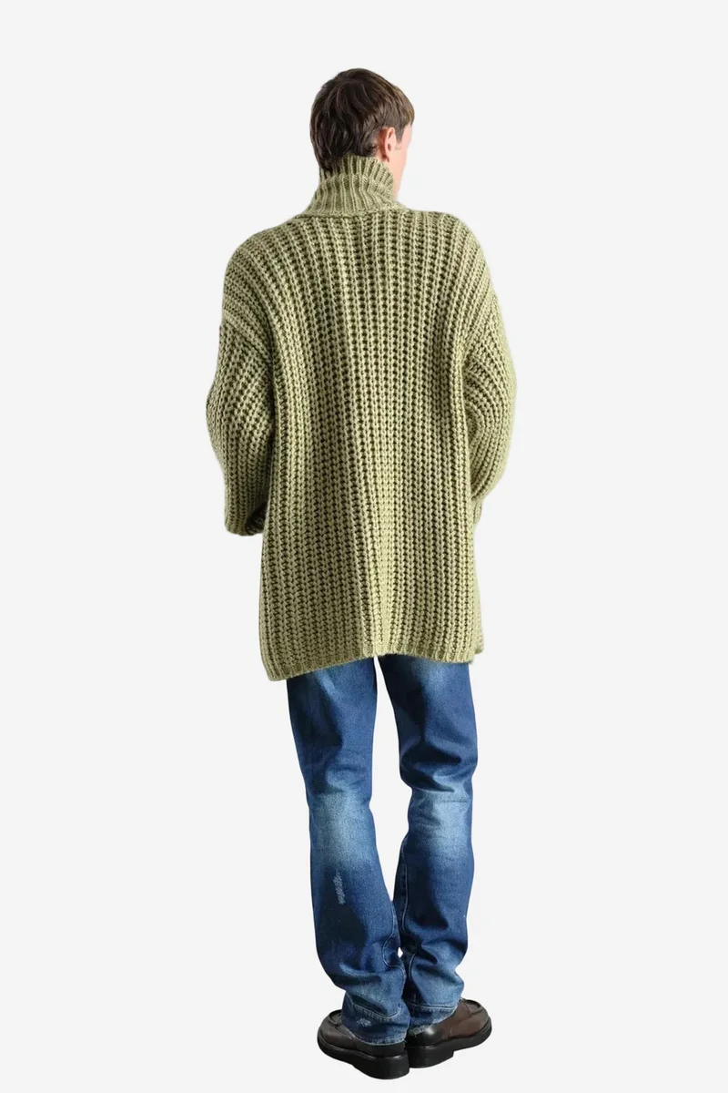 Giesto Green GIESTO Oversized Ribbed Knitwear Cardigan with Half Turtleneck for Men | Best Price UAE