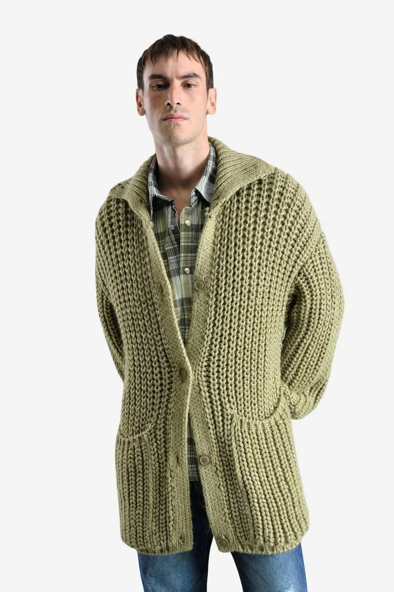 Giesto Green GIESTO Oversized Ribbed Knitwear Cardigan with Half Turtleneck for Men | Best Price UAE
