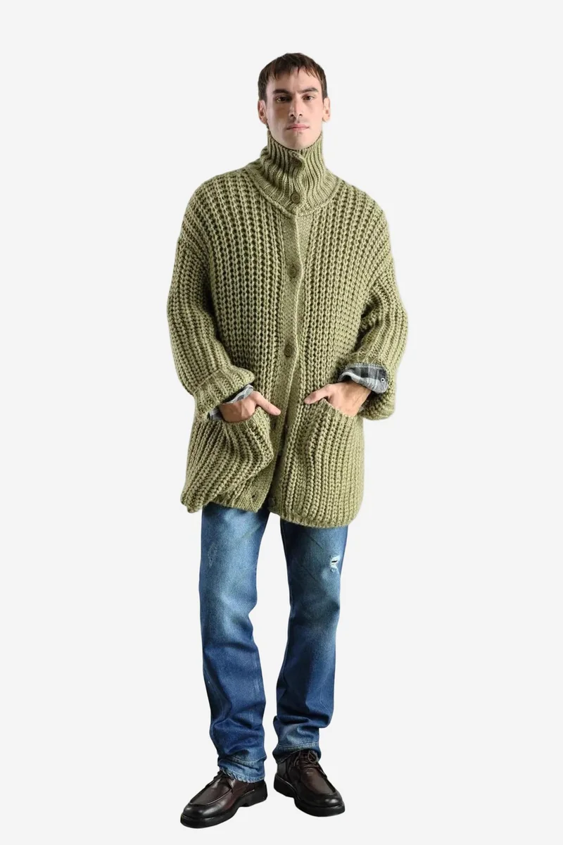 GIESTO Oversized Ribbed Knitwear Cardigan with Half Turtleneck