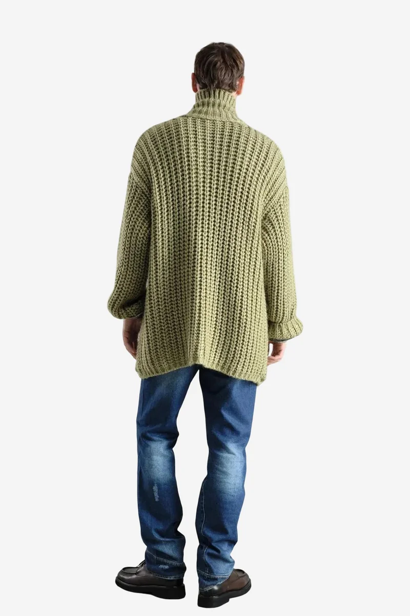 Giesto Green GIESTO Oversized Ribbed Knitwear Cardigan with Half Turtleneck for Men | Best Price UAE
