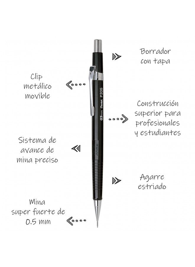 Pentel قلم رصاص أوتوماتيكي بنتل شارب، 0.5 مم، أسود، عبوة واحدة (P205BP-K6) - Image 2